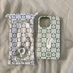 IPhone 14 Max Pro Loopy Case Green & White Checker Smiley Flower